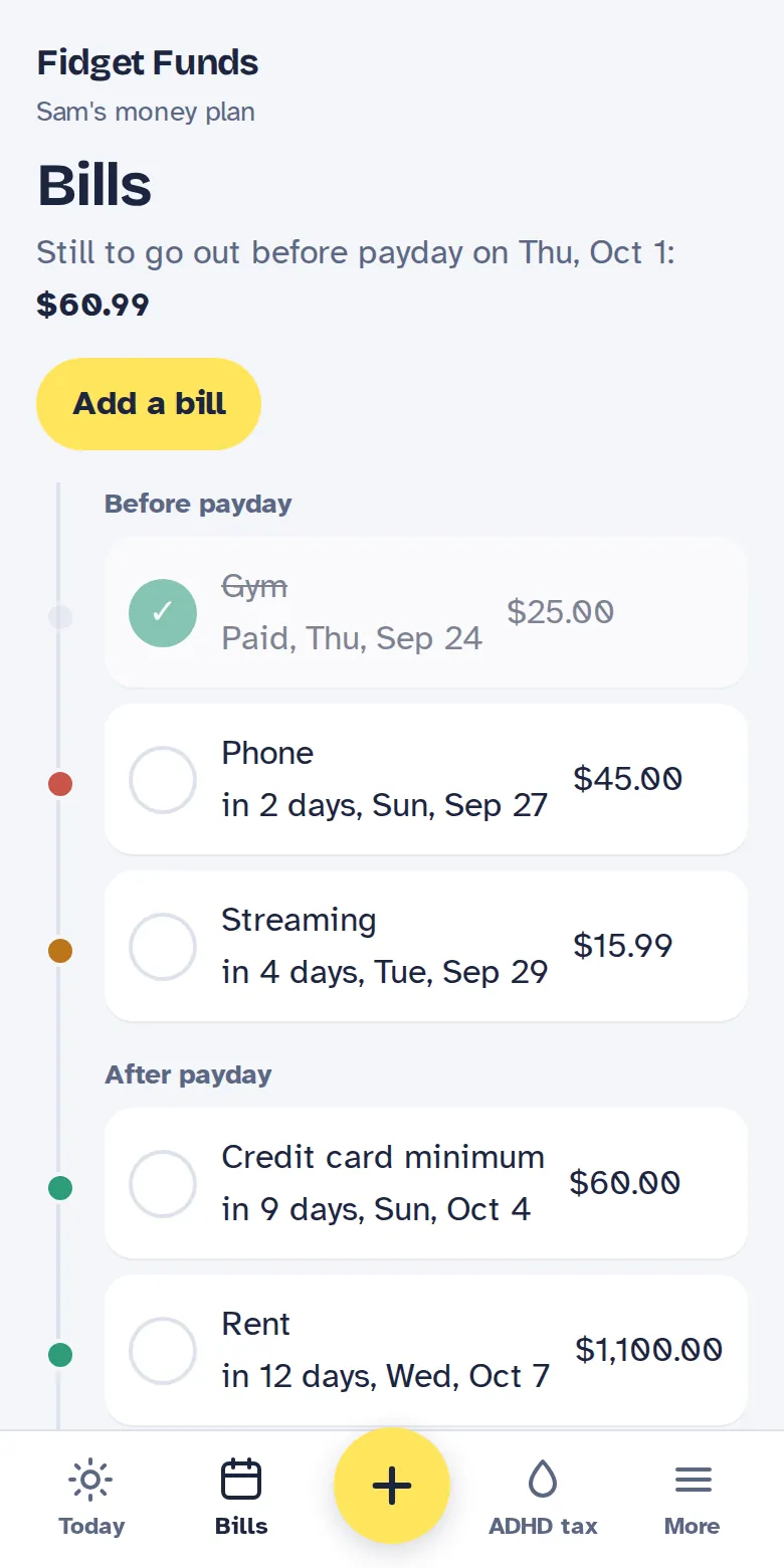 Bill timeline showing upcoming bills before and after payday