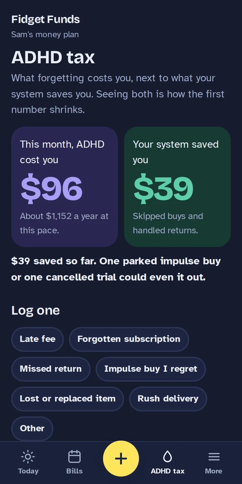 ADHD tax and savings side by side, dark theme