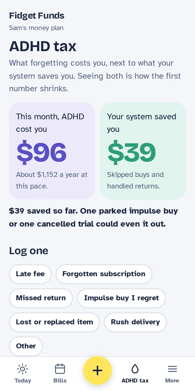 Fidget Funds ADHD tax screen: this month ADHD cost you $96, your system saved you $39