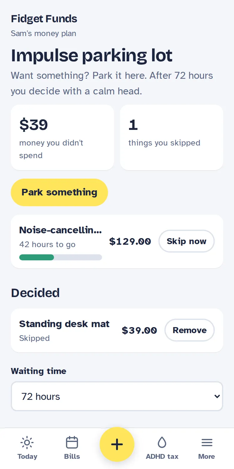 Impulse parking lot with a waiting item and money not spent