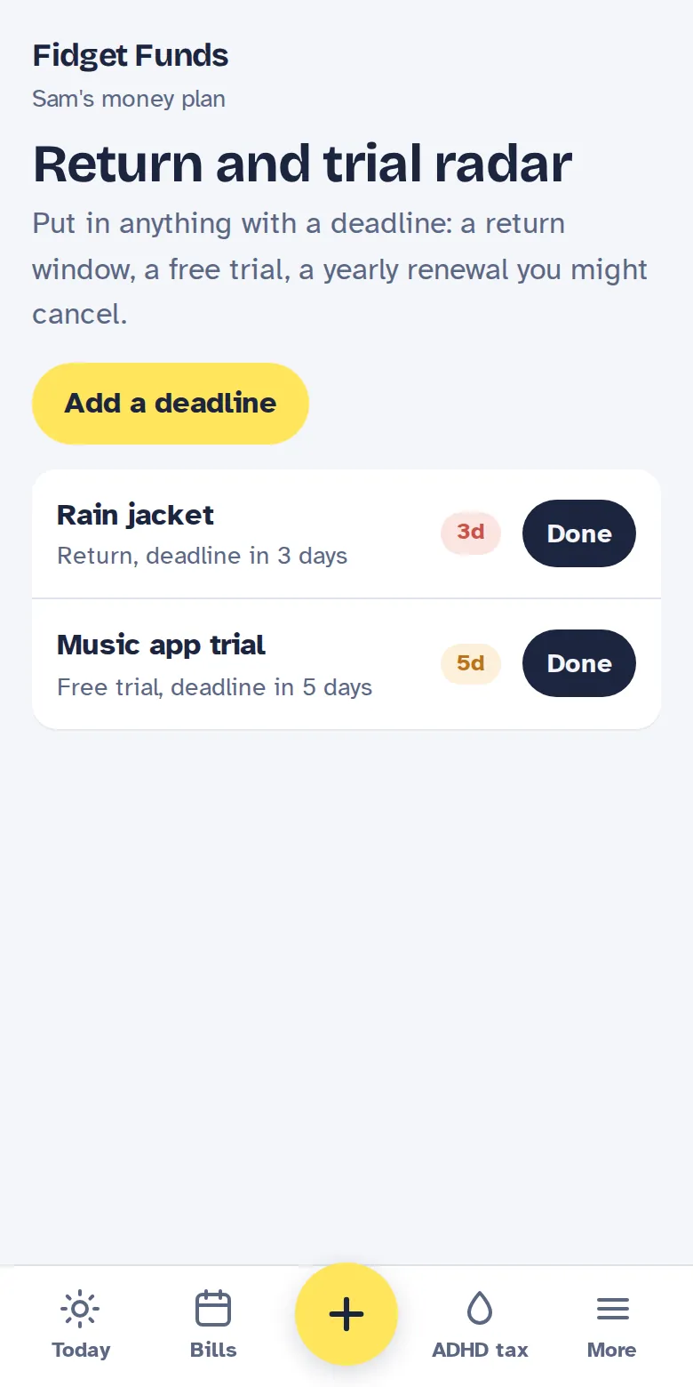 Return and trial radar with countdowns