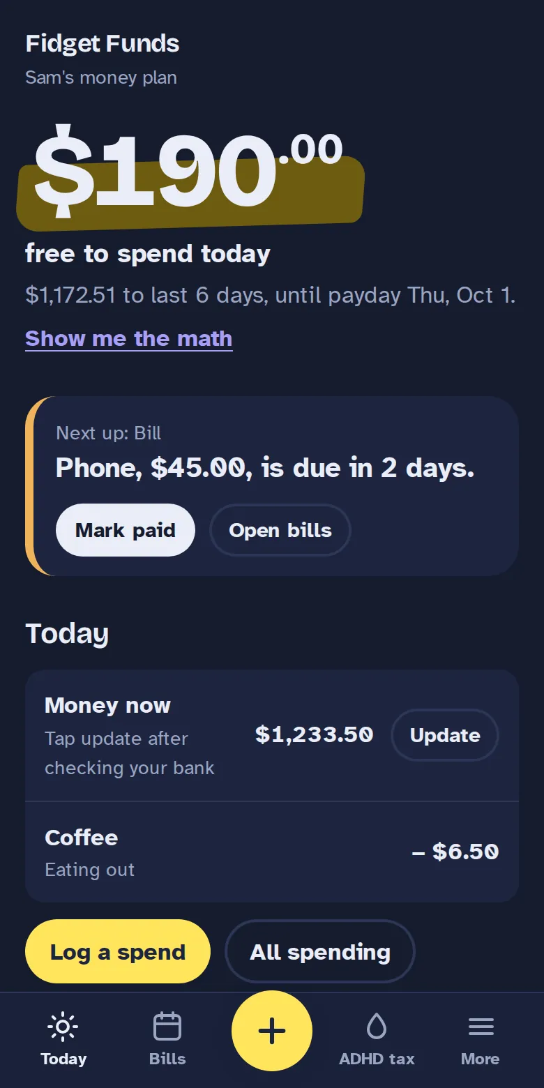 Fidget Funds Today screen in dark mode